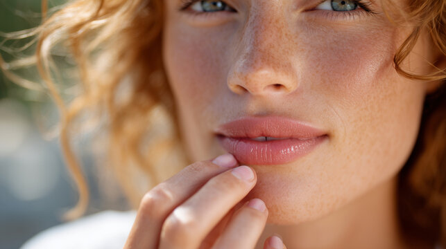 Close-up of woman applying lip balm, highlighting smooth, hydrated lips in soft morning light