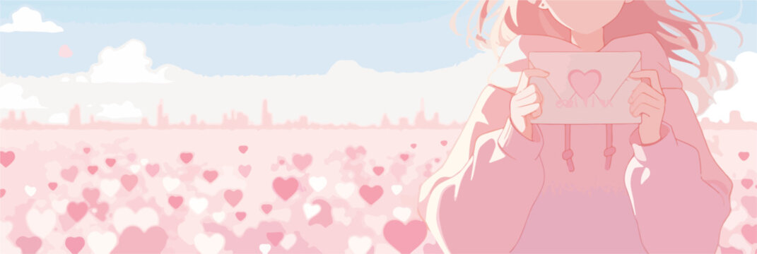 Chica anime sosteniendo una carta de amor en un campo de corazones rosados bajo un cielo azul