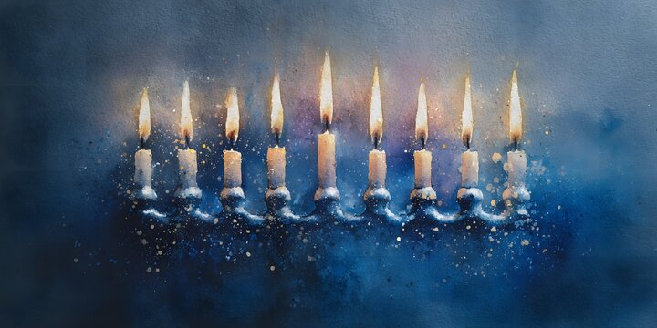Watercolor illustration of a traditional menorah with nine glowing candles, symbolizing Hanukkah celebration, faith and light. - Powered by Adobe