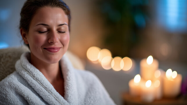Woman enjoying aromatherapy session with scented candles, soft focus background creating spa-like ambiance
