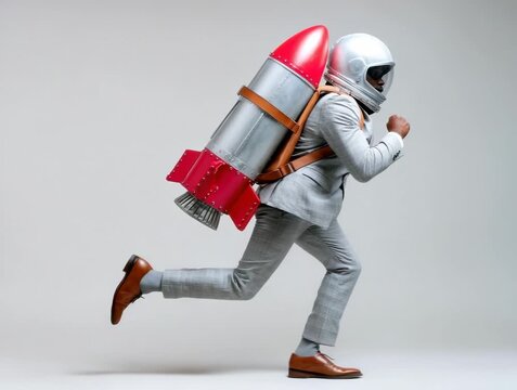 Man in suit runs with rocket backpack for exciting adventure in futuristic setting