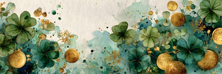 Watercolor illustration of lush shamrocks and gold coins forming a decorative border. Saint Patrick’s Day and Irish luck theme.