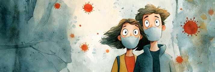 Watercolor illustration of two young people wearing masks with virus particles floating in the air.