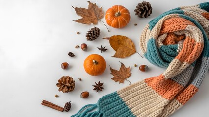 Autumn flat lay with a cozy striped scarf, mini pumpkins, dried leaves, pinecones, hazelnuts, and star anise, isolated on white background