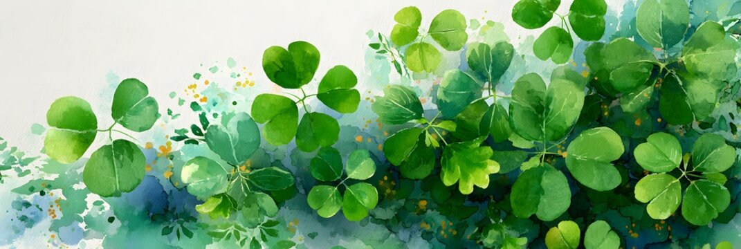 Lush green shamrocks forming a decorative border in fresh watercolor style, symbolizing spring, Irish luck, and St. Patrick’s Day charm.
