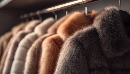 Stylish Winter Coats Displayed In A Row On Hangers At A High-End Fashion Boutique. Luxurious Fur Outerwear Collection. Trendy Winter Wear.