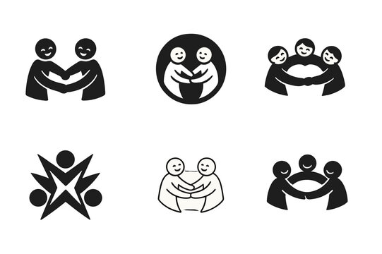 Joyful Connection Icons. People in moments of laughter and camaraderie. Icon set. Set Logo of joyful connection: friends holding hands. harmonious logo