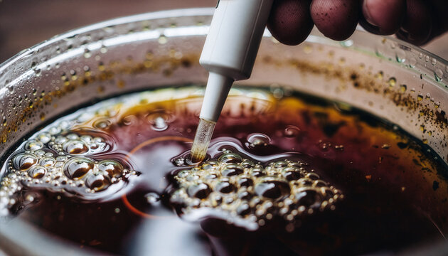 Close-up of portable digital meter probe measuring pH levels in bubbling brown compost tea solution for organic garden nutrient management