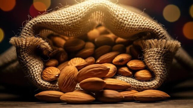 Close-up of a burlap sack spilling mixed nuts onto a wooden surface