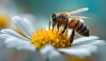 Bee Pollinating Chamomile Flower: Close-Up View Of White Petals, Yellow Stamens, And Pollen On Bee'S Body, Wings, Legs, And Head.