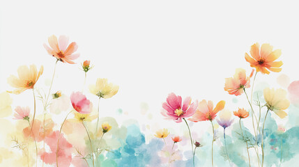 Fototapeta premium watercolor botanical cosmos flowers texture template background.Elegant wedding invitation card background . Minimal hand painted Design for wedding or Valentine's Day