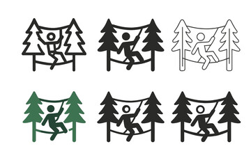 Adventure Park Logo Variations. Outdoor adventure parks and zip-lining. Icon set. Set Logo of outdoor adventure parks and zip-lining: climber on ropes course
