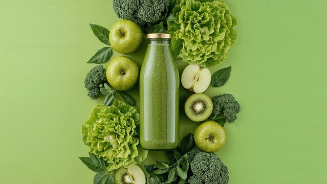 Fresh green vegetables and fruits with a bottle of green smoothie, healthy food, and life. Organic, nutritious, and natural ingredients for a healthy lifestyle.
