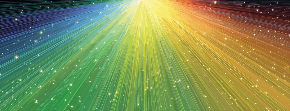 Fondo abstracto de rayos de luz vectoriales en espectro de colores vibrantes con part&iacute;culas brillantes.