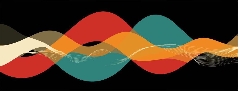 Ondas abstractas de colores c&aacute;lidos y fr&iacute;os superpuestas sobre fondo negro, dise&ntilde;o moderno y din&aacute;mico.
