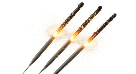 Three burning sparklers PNG isolated on transparent background, festive celebration elements for New Year s Eve and holiday designs