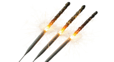 Three burning sparklers PNG isolated on transparent background, festive celebration elements for New Year s Eve and holiday designs