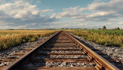 Obraz premium Sunny Day Close-Up Of Double Railroad Track In Rural Agricultural Landscape With Fields.