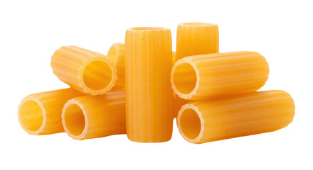 Rigatoni pasta isolated PNG on transparent background, uncooked Italian pasta tubes for culinary and food design projects