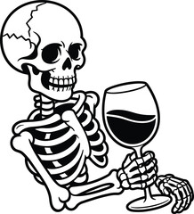 Stylized black and white vector illustration of a skeleton drinking wine, isolated spooky character for Halloween party, tattoo, and cheers logo.