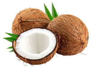 Coconut or Coconuts on Transparent Background - Cracked Open Nut with Coconut Milk, Water, Oil and Bread - Pieces of Coconut Falling - Food Image for Health and Beauty, Raw Food, Cosmetic Ingredient