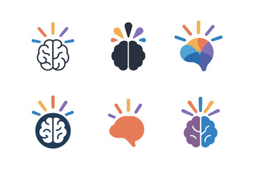 Creative Brain Icons. Neuroscience of creativity. Icon set. Set Logo of creative neuroscience: brain with colorful bursts. harmonious logo variations of the