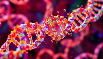 Abstract swirling DNA strands, vibrant colors, microscopic view, structure, research
