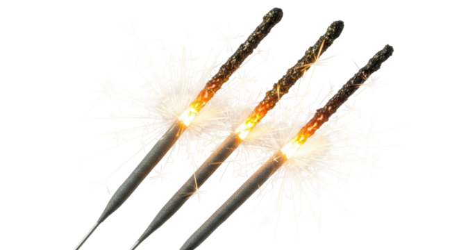 Three burning sparklers PNG isolated on transparent background, festive celebration elements for New Year s Eve and holiday designs
