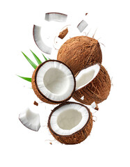 Coconut or Coconuts on Transparent Background - Cracked Open Nut with Coconut Milk, Water, Oil and Bread - Pieces of Coconut Falling - Food Image for Health and Beauty, Raw Food, Cosmetic Ingredient