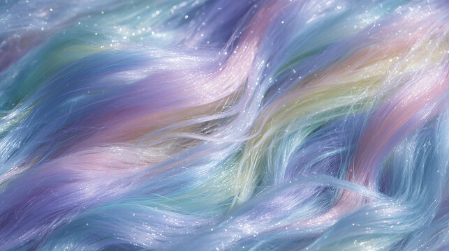 Macro of pastel rainbow hair strands flowing as hair dryer warms them, sunlight illuminating the vibrant hues, soft self-care vibe