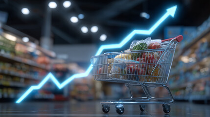Grocery cart filled with assorted products, a glowing 3D graph rising above it, bright supermarket aisle background, symbolizing inflation and market trends