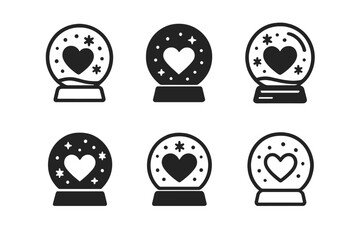 Heartfelt Winter Logos. Winter Holiday Themed Charity Event. Icon set. Set Logo of giving season: snow globe with heart inside. harmonious logo variations of