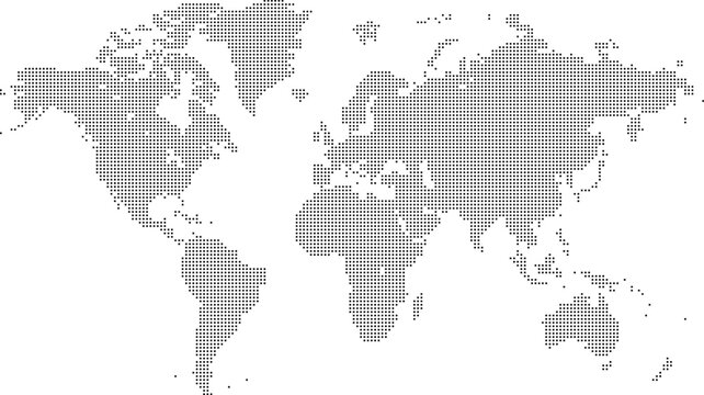 Square shape dotted world map with halftone pixel style continents and countries. Vector world map with square dot shape pattern. Digital world map square shape pattern infographic world atlas design