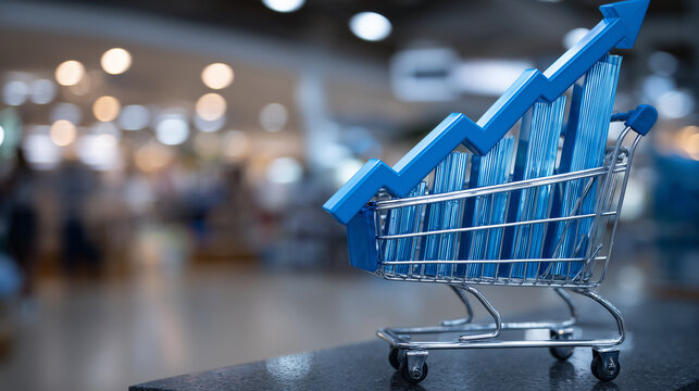 Shopping cart in bright retail store, augmented reality-style 3D graph rising from the cart, reflecting changing market and inflation trends - Powered by Adobe