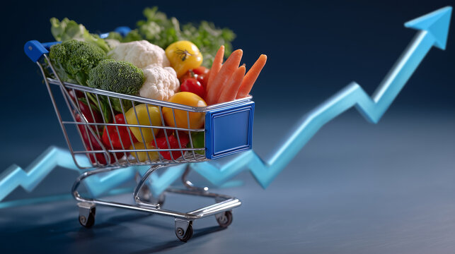 Top-down view of grocery cart with colorful food items, animated upward curve graph superimposed above, illustrating price increase visually