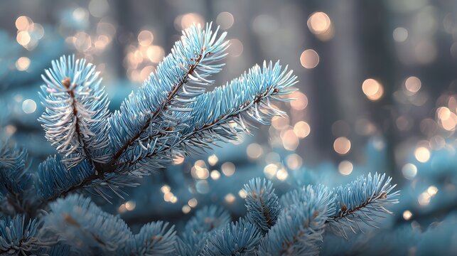 Close up of frosted blue evergreen needles with warm holiday lights bokeh background