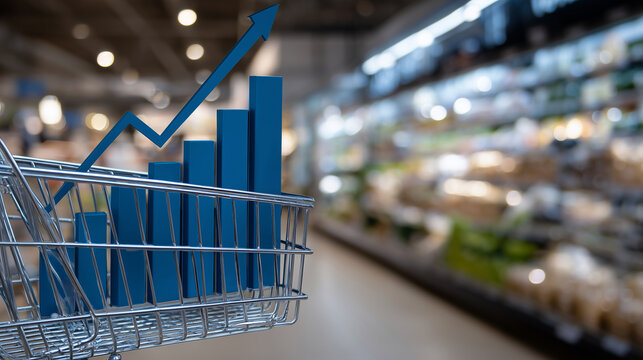 Side angle of grocery cart with rising bar chart above, aisle shelves softly blurred in background, emphasizing financial trends and market increase - Powered by Adobe