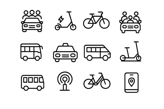 Shared Mobility Icons. Shared mobility. Line icon set of shared mobility: rideshare car, e-scooter, bike share, carpool, shuttle bus, taxi, vanpool, docked