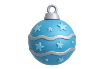 Blue christmas ornament decorating winter holidays, festive celebration, hanging bauble, starry design, 3d render