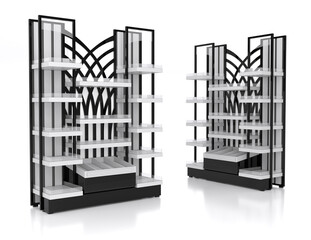 Retail display stands with high-contrast black and white design. Product acrylic metal display stands with black arched pattern and white shelves. 3d illustration on white background