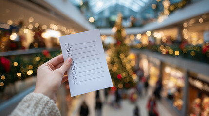 Fototapeta premium Hand holding a Christmas shopping checklist in a bustling toy store, blurred shoppers and vibrant holiday decorations in the background, festive shopping energy
