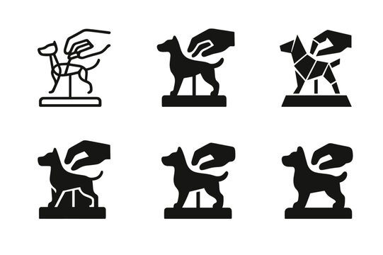 Animal Clay Sculpting Icons. Sculpting clay into an animal figure. Icon set. Set Logo of Sculpting clay into an animal figure: wire armature for animal pose.