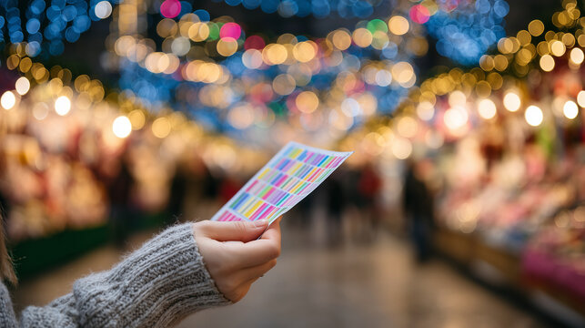 Young shopperâs hand holding a colorful Christmas sales list, rows of toys and gifts in background, twinkling lights creating a holiday atmosphere - Powered by Adobe