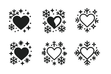 Kindness Snowflake Emblems. Winter Holiday Themed Charity Event. Icon set. Set Logo of kindness and snow: heart surrounded by snowflakes and stars. harmonious