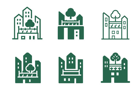Rooftop Garden Logos. Rooftop garden designs in big cities. Icon set. Set Logo of Rooftop garden designs in big cities: windbreak screen. harmonious logo
