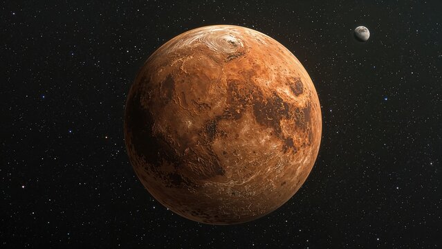 Mars and its moon Phobos in space with stars. Astronomical bodies and space exploration. The concept of planets and moons in the universe.