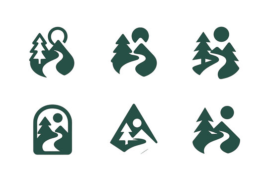 Nature Walk Icons. Outdoor activities and nature walks. Icon set. Set Logo of outdoor activities and nature walks: mountain trail with trees and sun.