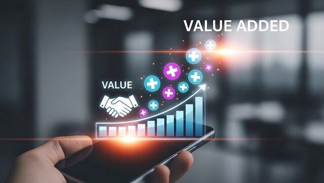 Value added concept on a phone screen showing positive growth and partnerships, signifying success in business strategy and increased profitability