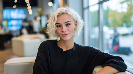 Blonde woman sitting in sleek modern salon chair, hair perfectly styled, soft natural light streaming through large windows, trendy interior design