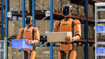 3D Render: Portrait of Autonomous AI-Powered General Purpose Humanoid Robot Working at Distribution Center. Industrial Automation by Artificial Intelligence. Smart Fulfillment Center or Warehouse